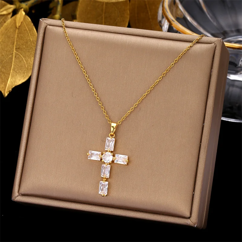 Fashion Jewelry Necklaces Stainless Steel Gold Filled Diamond Cross Choker Pendant Necklace for Women