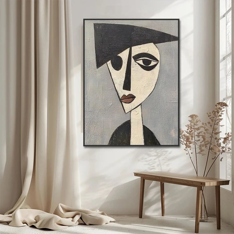 Aesthetic Home Decor Handmade Modern Black White Geometric Woman Face Painting Cubist Portraits Wall Art