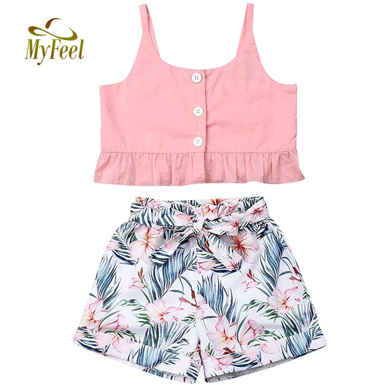 Весенняя одежда для детей, розовый топ без рукавов + шорты с цветочным принтом, детский летний комплект одежды, детское платье из 100% хлопка