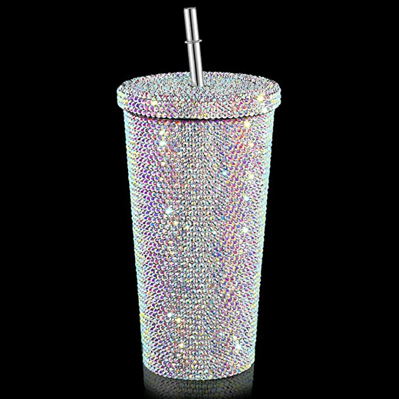 Bling Rhinestone Diamond Tumbler Glitter Water Bottle with Lid Stainless Steel Vacuum Thermal Straw  fancy vacuum tumbler