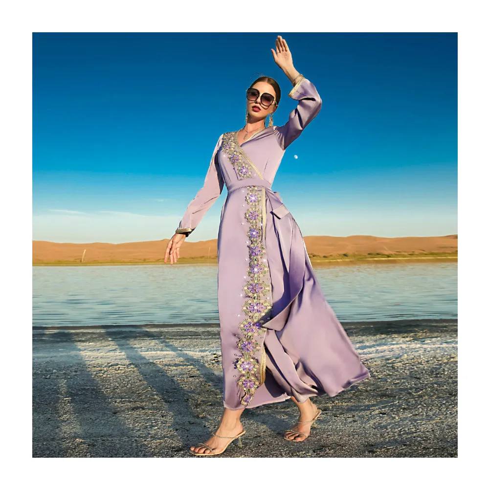 SIPO Fog Purple New Heavy Hand-Sewn Diamond Dress Temperament Lady Style Dubai Travel Net Red V-Neck Beadings Pattern Dress