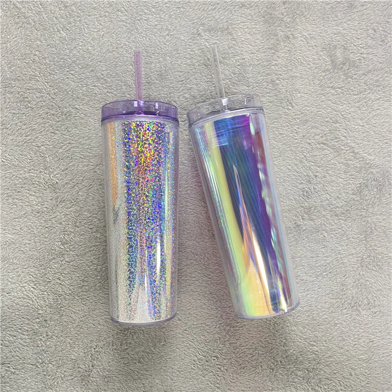tall Glitter Bomb Powder Sequins 16oz 19oz 20oz Insulated double wall Clear acrylic plastic Laser holographic acrylic tumbler