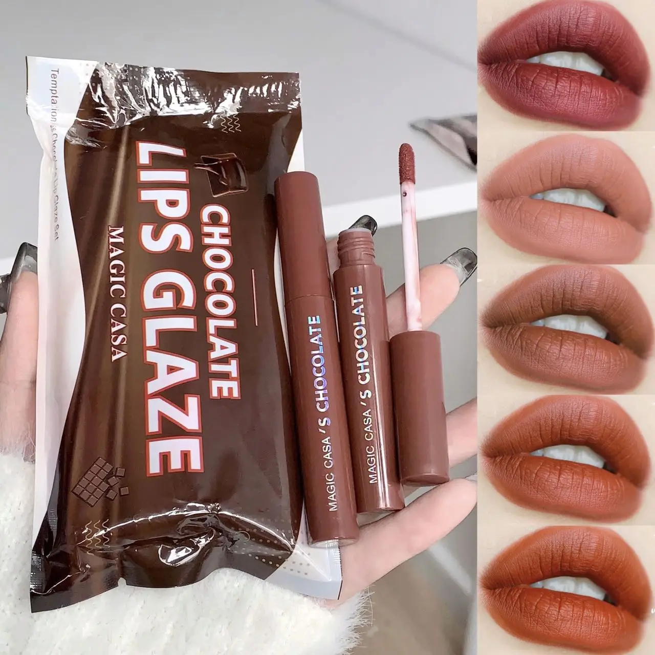 Chocolate Mist Matte Non fading Lip Gloss Waterproof Long Lasting Tint Lip Glaze Lipstick Set Cosmetic