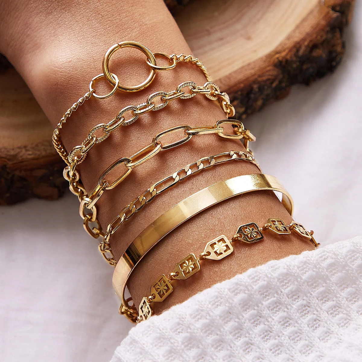 Wholesale Creative Fashion Hip Hop Metal Chain Cuff String Crochet 6 Set Bangles Bracelets With Charm