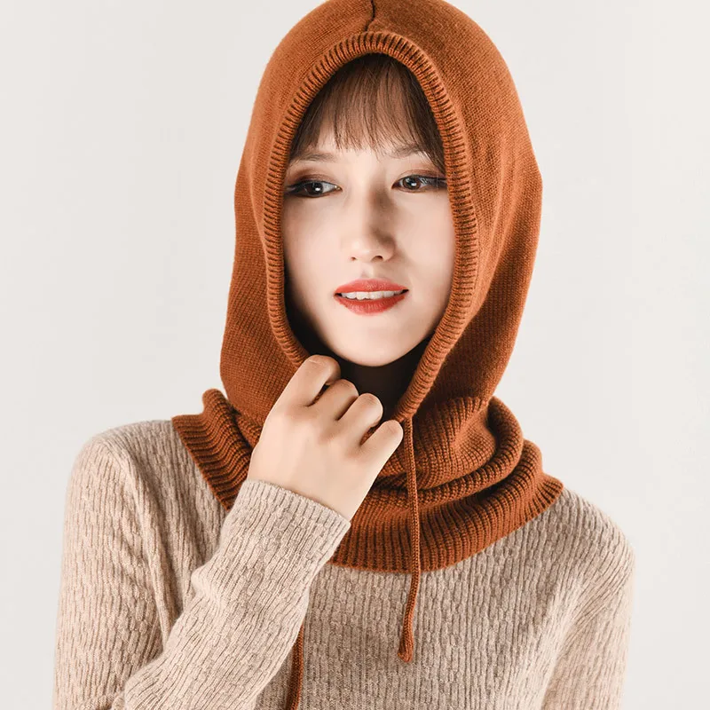2024 Custom Unisex Cashmere Wool Pullover Knitted Beanie Hat with Drawstring Warm Hooded Scarf Hat