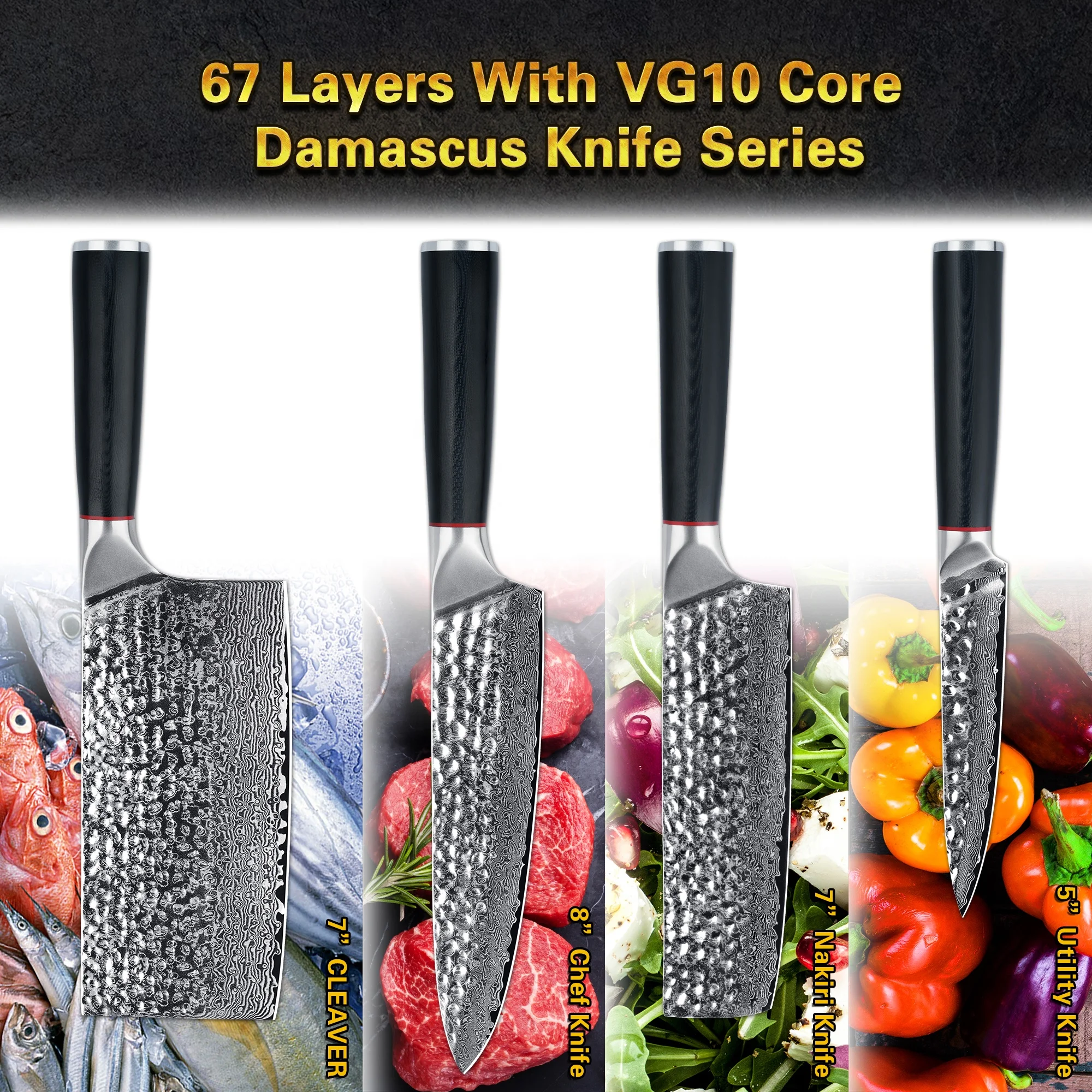 Round G10 Handle 5 inch 67 layers vg10 Japanese kitchen knives utility damascus steel steak knife with hammer pattern blade