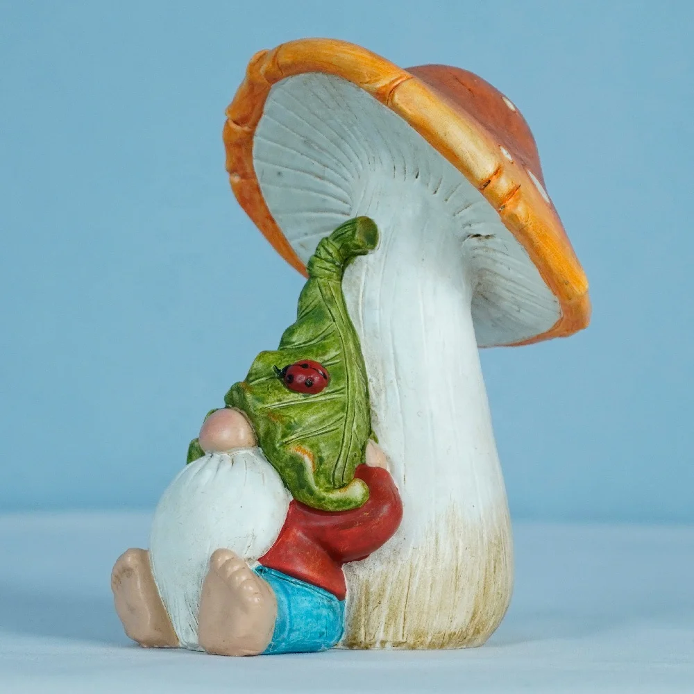 Outdoor Gnomes Decorations garden gnome sitting under mushroom with ladybug  Resin garden gnome statue