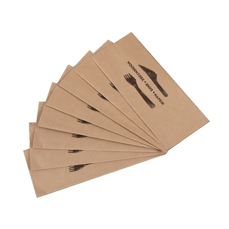 Central Back Sealed Kraft Paper Fork Knife Napkin Cutlery Compostable Biodegradable Packaging Bag