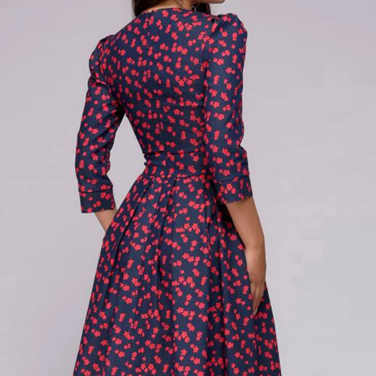 Women vintage retro 3/4 sleeve floral pattern a line swing party dress