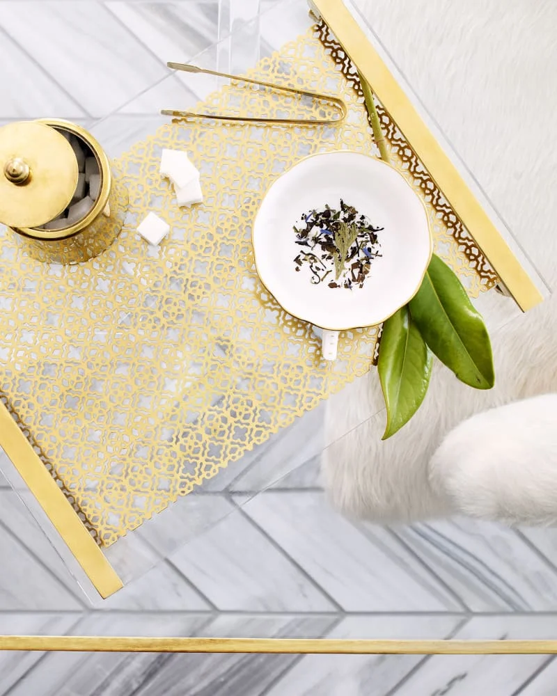 Acrylic Serving Tray Upscale Plexiglass Filigree Tray in Bright Brass with Metal Handles Tabletop Lucite Coffee Snacks Tray