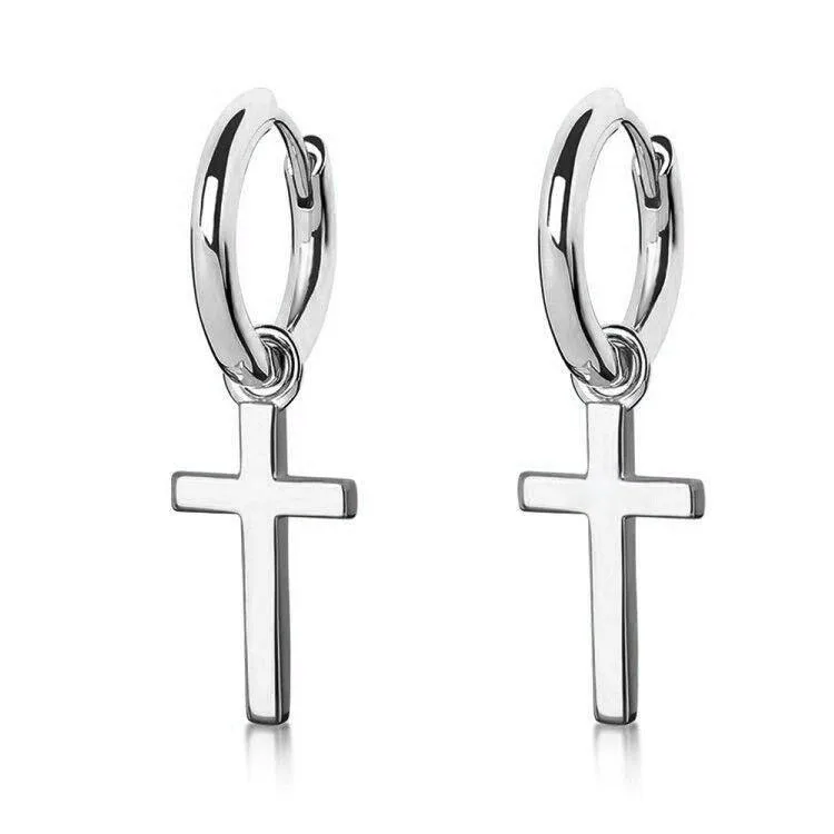 Wholesale IN Stock Huggie Hoop Earrings 925 Sterling Silver 14K White Gold Plated Big Cross Dangle Hinged Earrings for Men Women