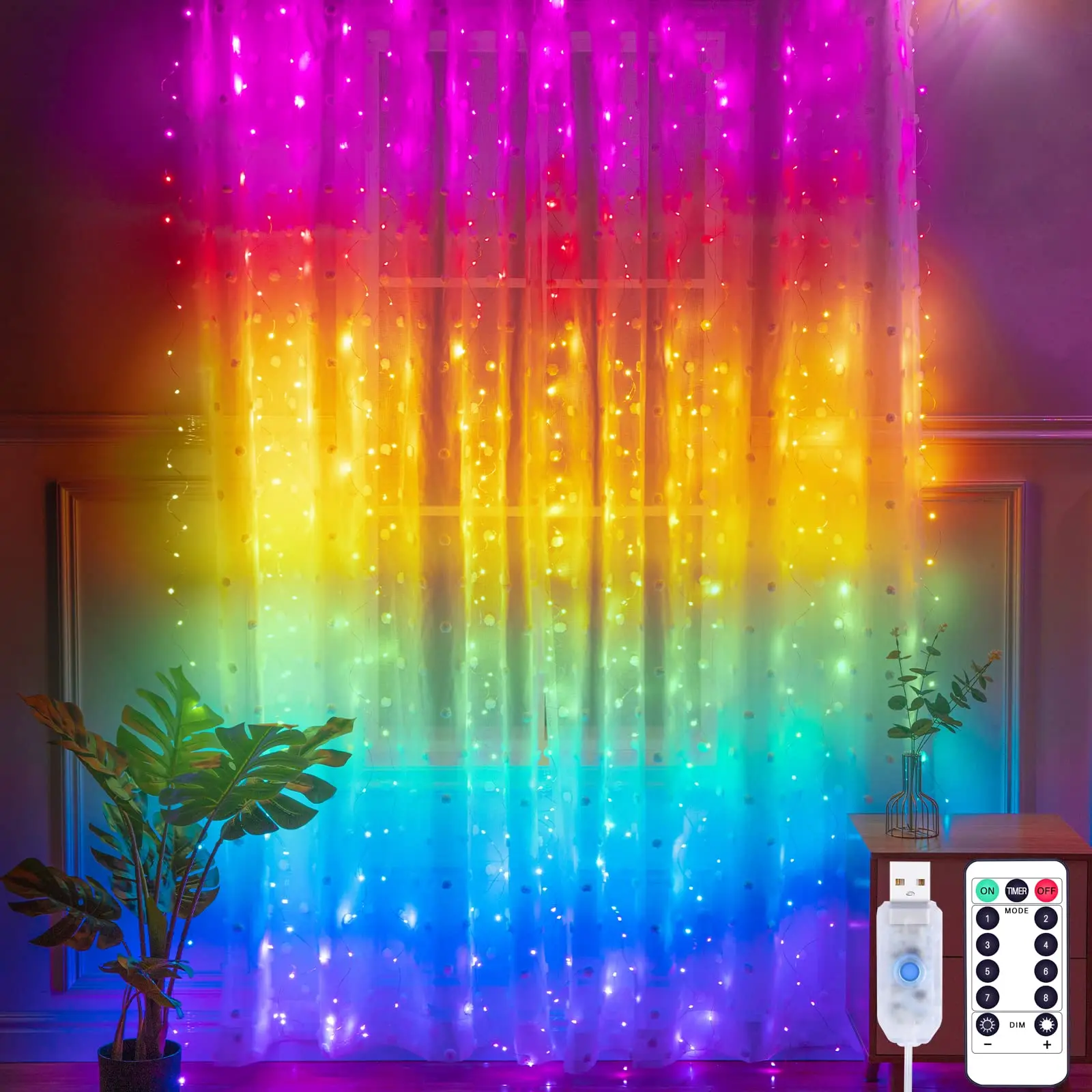 3x3m LED String Lights Curtain Colorful 300LEDs 8 Modes IP65 Waterproof Fairy Lights Curtain with Remote Control Decoration