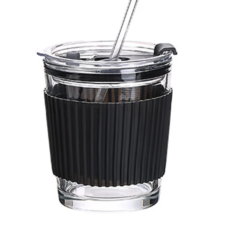 New Design 350ml Glass Water Mugs With Straw And Silicone Sleeve Portable Travel Milk Tumbler With Lid