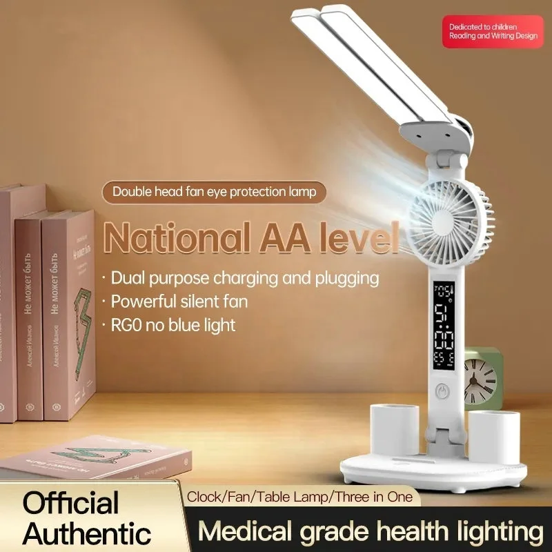 Dual Head LED Desk Lamp With Calendar Clock And Fan Touch Control Table Lamp With Pen Holder For Bedroom Study Reading Lamp
