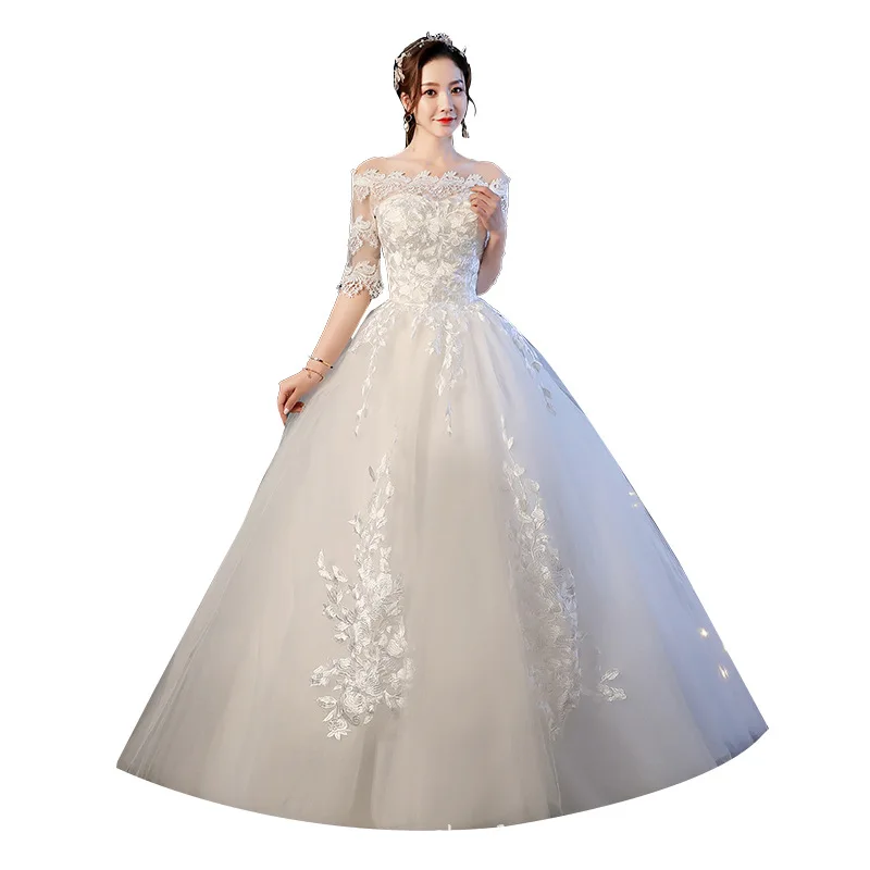 New Elegant Lace 3/4sleeve Ladies Floor Length White Lace Bridal Ball Gown Wedding Dresses With Lace Appliques On The Dress