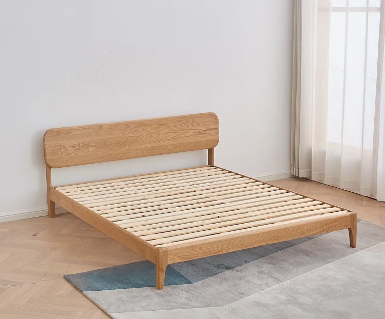 E7012 Nordic style solid OAK wood bedroom furniture with wooden headboard Queen&King size bed frame