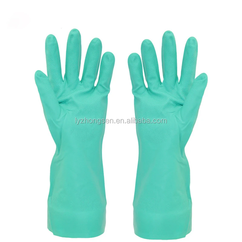 Hot sell Industrial Safety cut glove acid and alkali resistant long cuff green Nitrile coated Gloves
