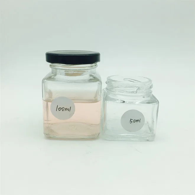 50ml 2oz clear Empty Small Mini Airtight square Glass Jam Honey Baby Food Jar with Black Lid