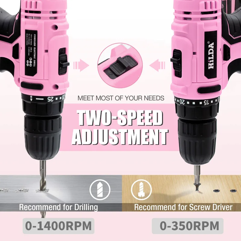 12V Pink Cordless Electric Drill Combo Set for Home Use Chargeable Brushed Motor 1 Battery 1 Charger in Cloth Bag Women Girls