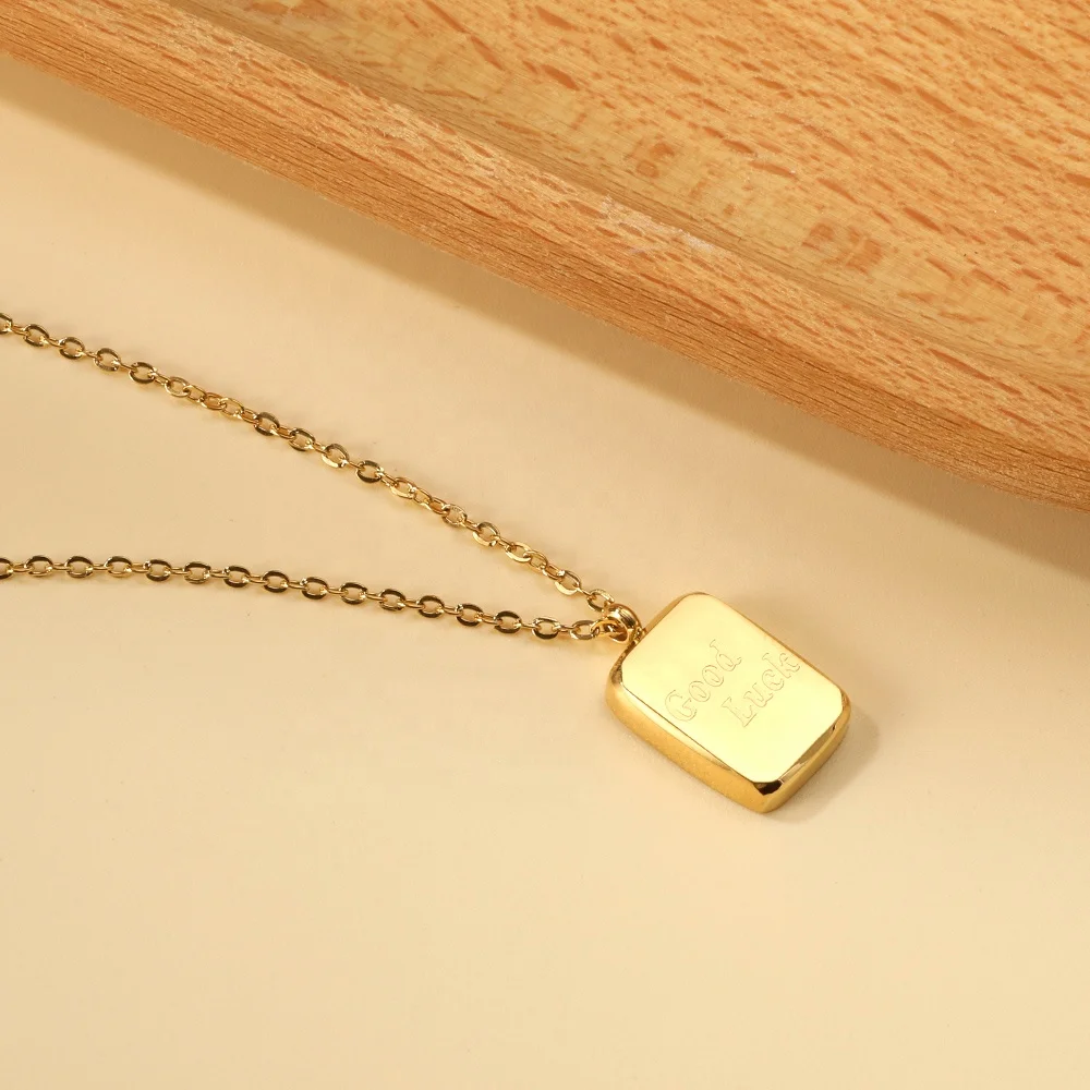 Minimalist Stainless Steel Jewelry Custom 18K Gold Plated Stainless Steel Engraved Logo Letter Rectangle Square Pendant Necklace