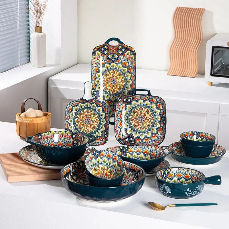 Microwave oven safety machine printing Morocco Bohemia style luxury ceramic dinner plates sets dinnerware for gift