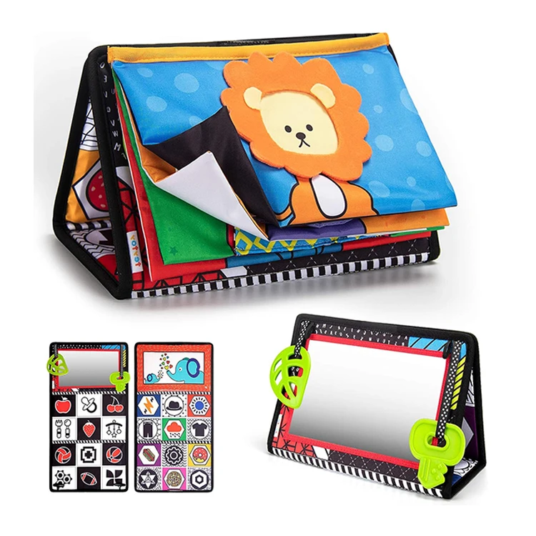 0-3 Months Brain Developmental Baby Mirror Tummy Time Toys with Cloth Book&Teethers,High Contrast Baby Sensory Toy