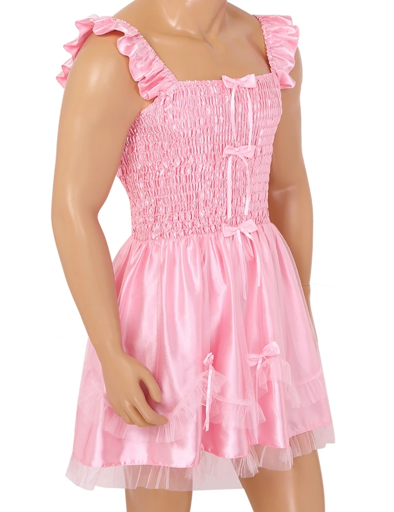 
Hot Sale Men Adults Satin Sleeveless Sleepwear Dress Ruffle Tulle Tutu Skirt Cross Dresser Clothing Sissy Maid Dress 