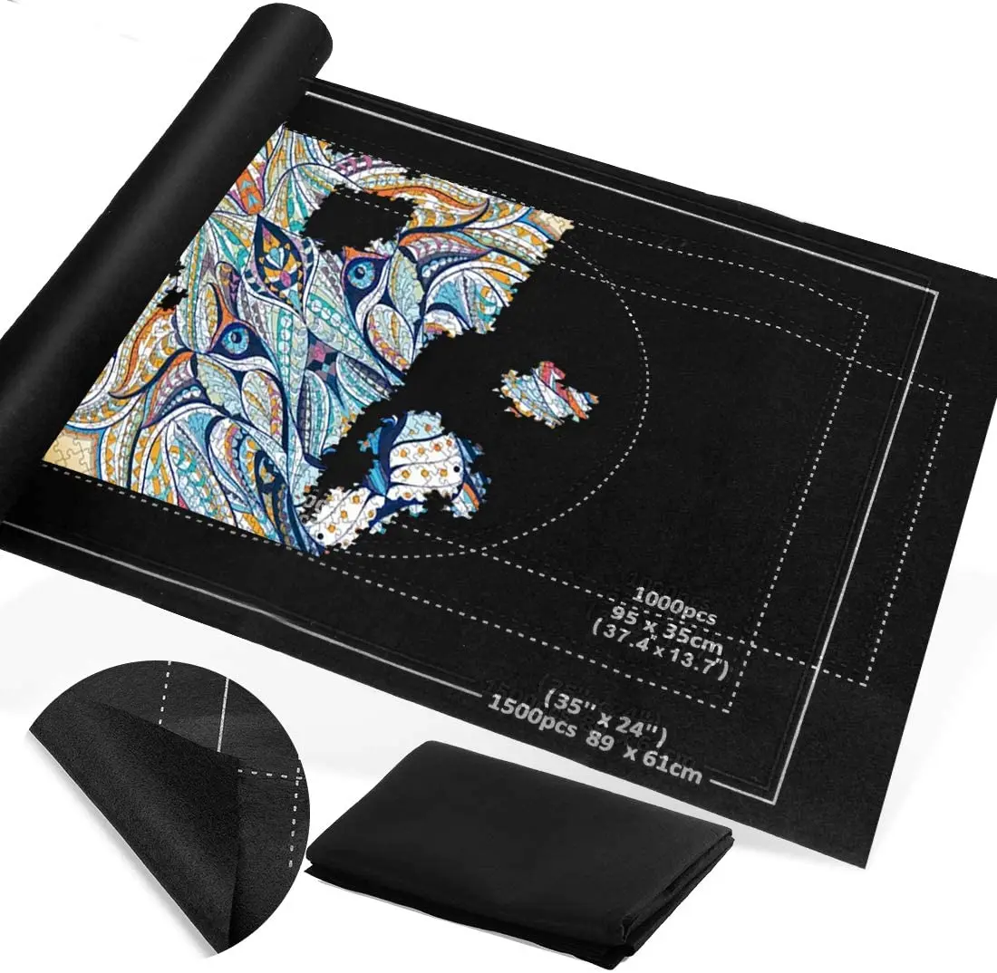Black Felt Puzzle Mat Pad roll up to 1500 pieces Storage Saver Large Puzzles Board for storing puzzles