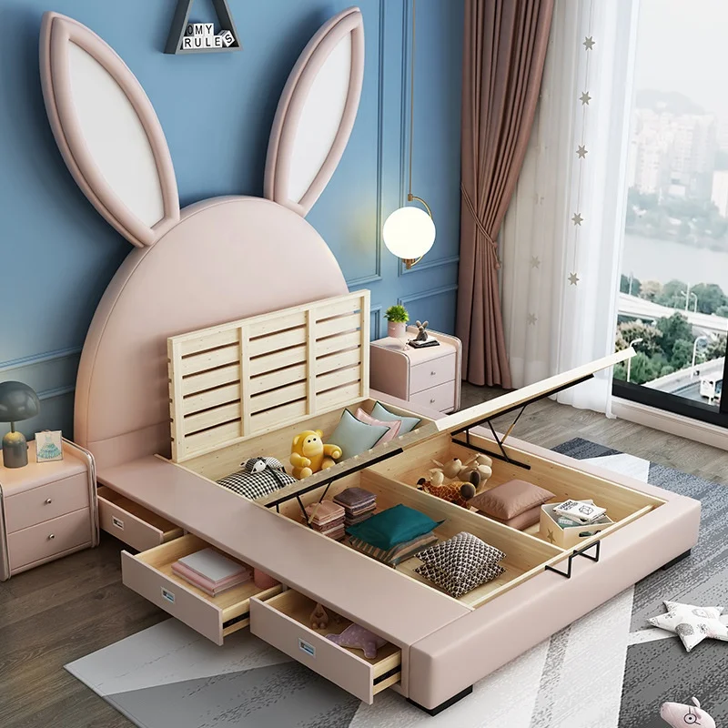 Airland Modern Kids Bedroom Furnitures Children Upholstered Beds Home Rabbit Genuine Leather Soft Backrest Storage Wooden Bed