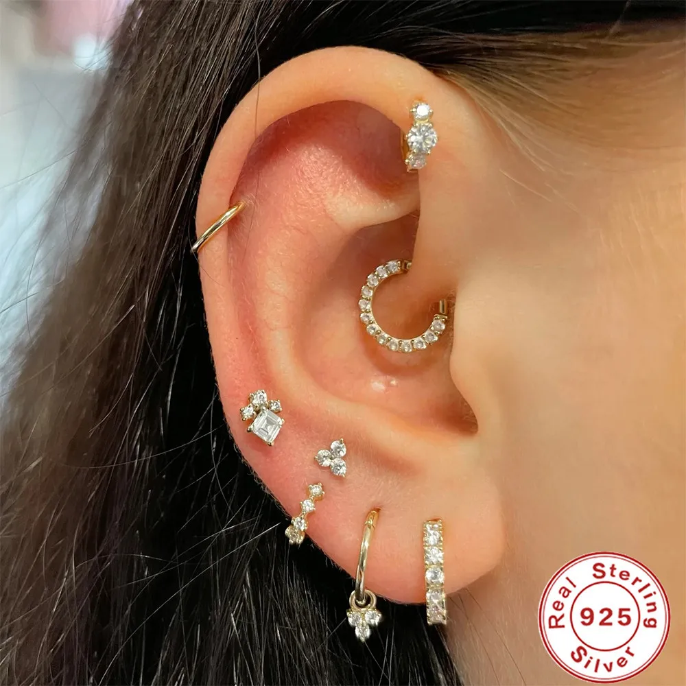 S925 Sterling Silver Gold Plated Cartilage Geometric Puncture Micro Inlaid Zirconia Leaf Hoop Earrings Zircon Circle Earring