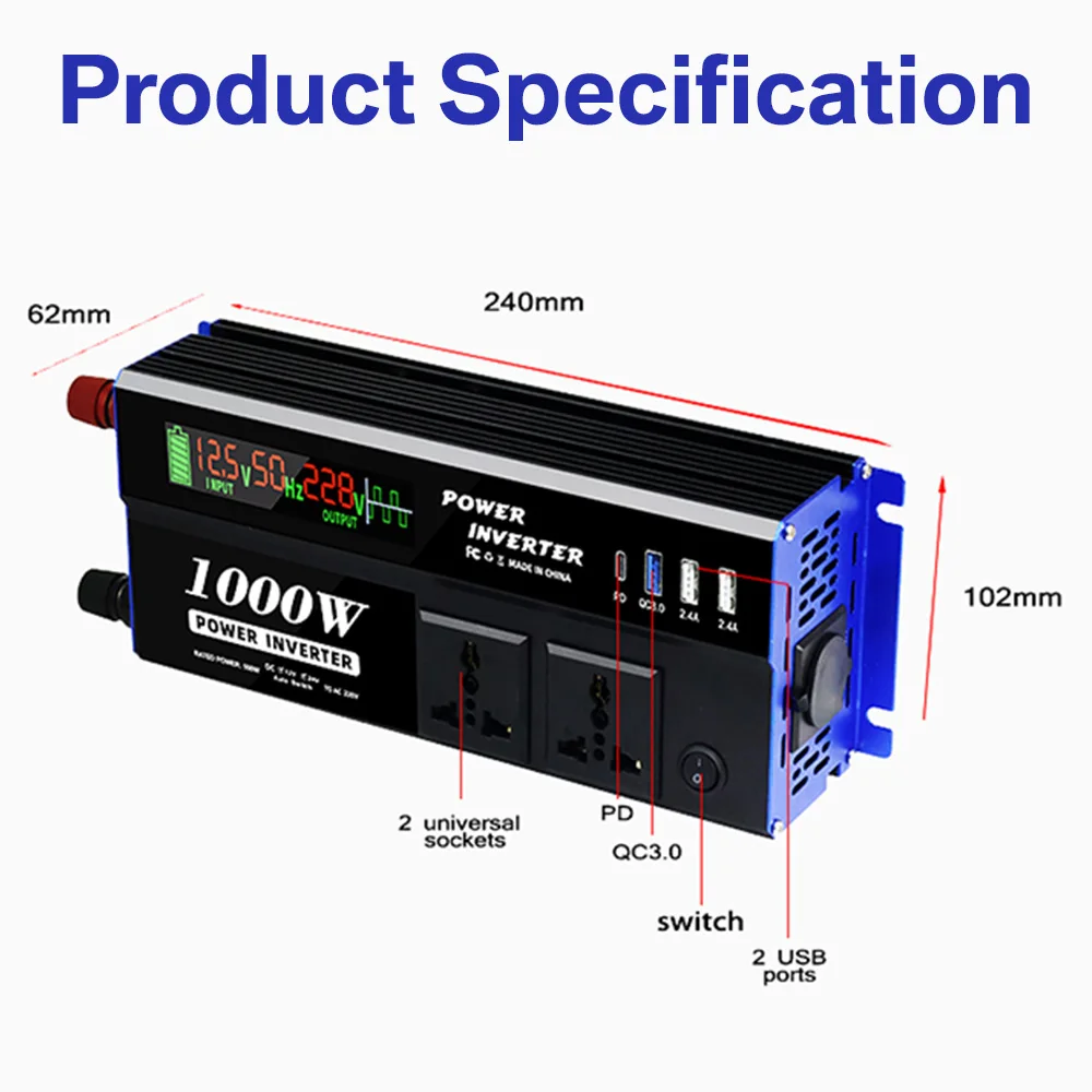 Inverter 1000W Pure Sine Wave 12v/24v DC To 110V 60Hz 220V 50Hz Low Frequency Inverter Power Converter