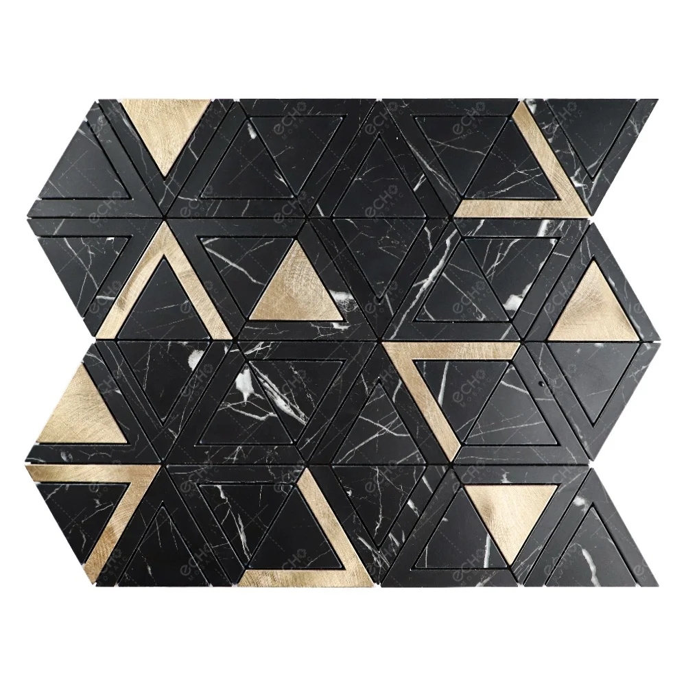 Waterjet Triangle Nero Marquina Black Marble Mixed Gold Aluminum Self Adhesive Mosaic Kitchen Backsplash Wall Tile