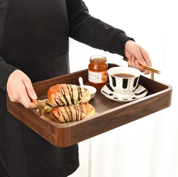 High Quality Black Walnut Kitchen Storage Trays Household Hotel Tea Plate Serving Tray Coffee Cake Wood Tray With Metal Handle