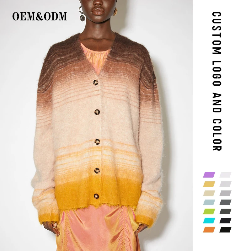 FYB Winter Warm Alpaca Fuzzy V Neck Button Cashmere Mohair Women Oversized Custom Print Knit Sweater Cardigan