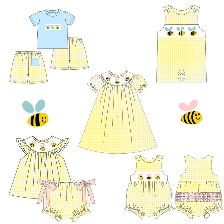 Online customization 1-14 years summer two piece clothes lovely bee applique yellow gingham seersucker boy outfits