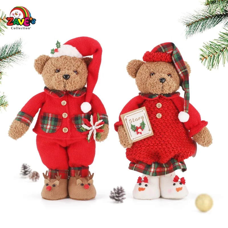 
13-In Teddy Bear Pair in Plaid Pajama Cute Soft Standing Ornament for Christmas Home Decor 
