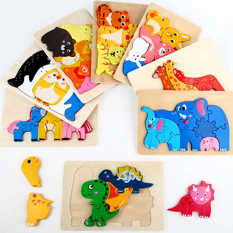 Factory Wooden Jigsaw Dinosaur Puzzle Montessori Children Toy Learn Educational Toys 3D Cartoon Animal Puzzles for Kids