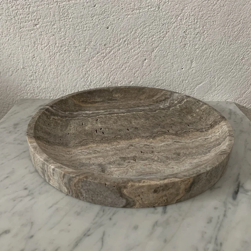 Silver grey travertine tray dia30x3cm thin edge travertine round tray