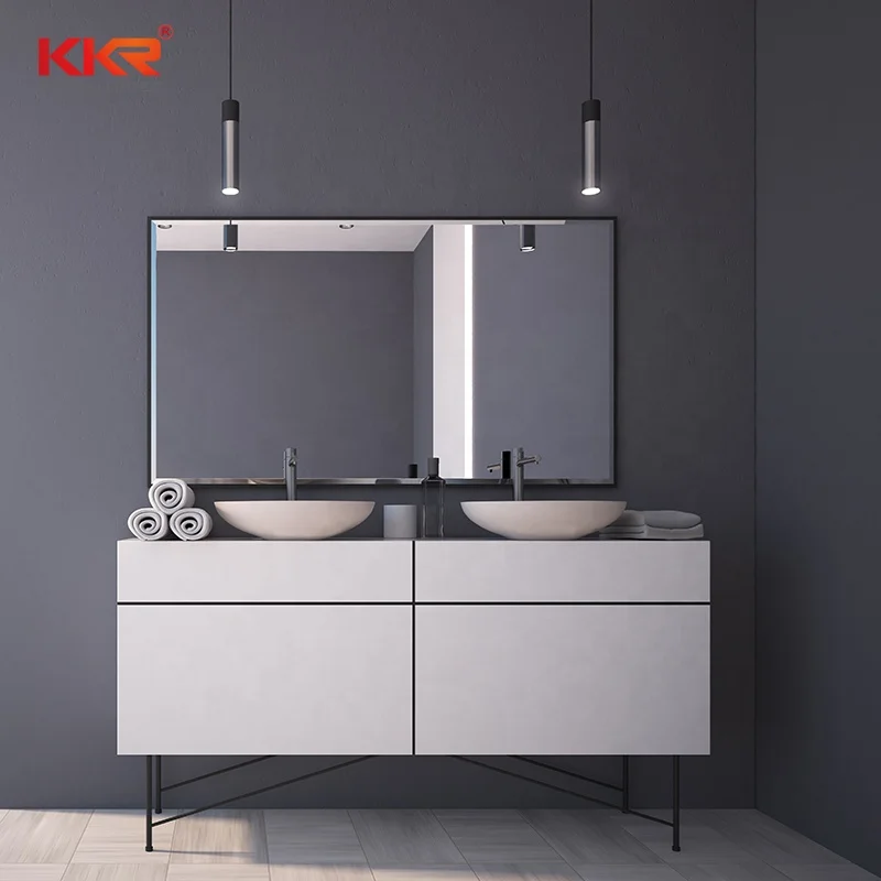 Hotel House Full Set Vanity Bathroom Led Mirror Cabinet Steel Stand Marble Look Vanity Top Basin