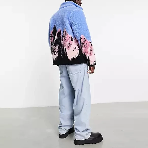 OEM custom high quality warm zip fly pocket jacket for man oversized colorful scenic digital print jacket sherpa