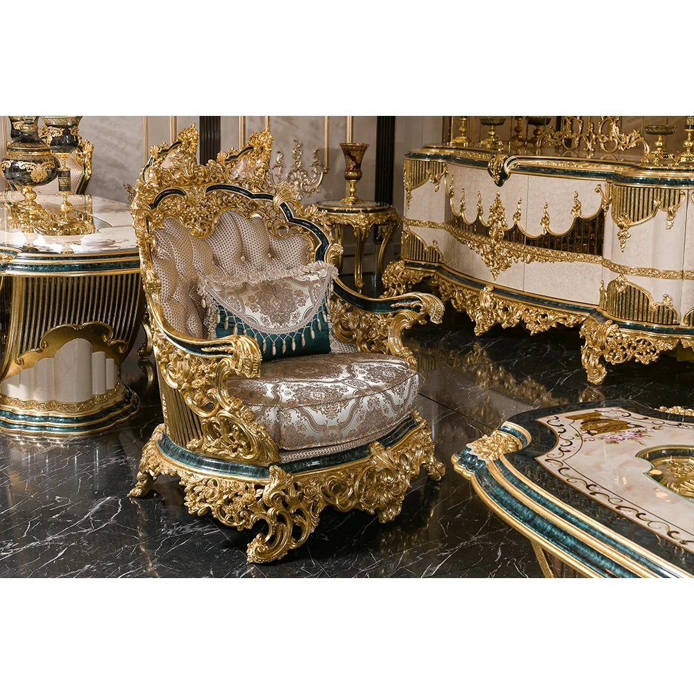 Turkish Luxury Antique Traditional Black Gold African Classical Baroque Royal Hand Carved Sofa Set Living Room Furniture Set