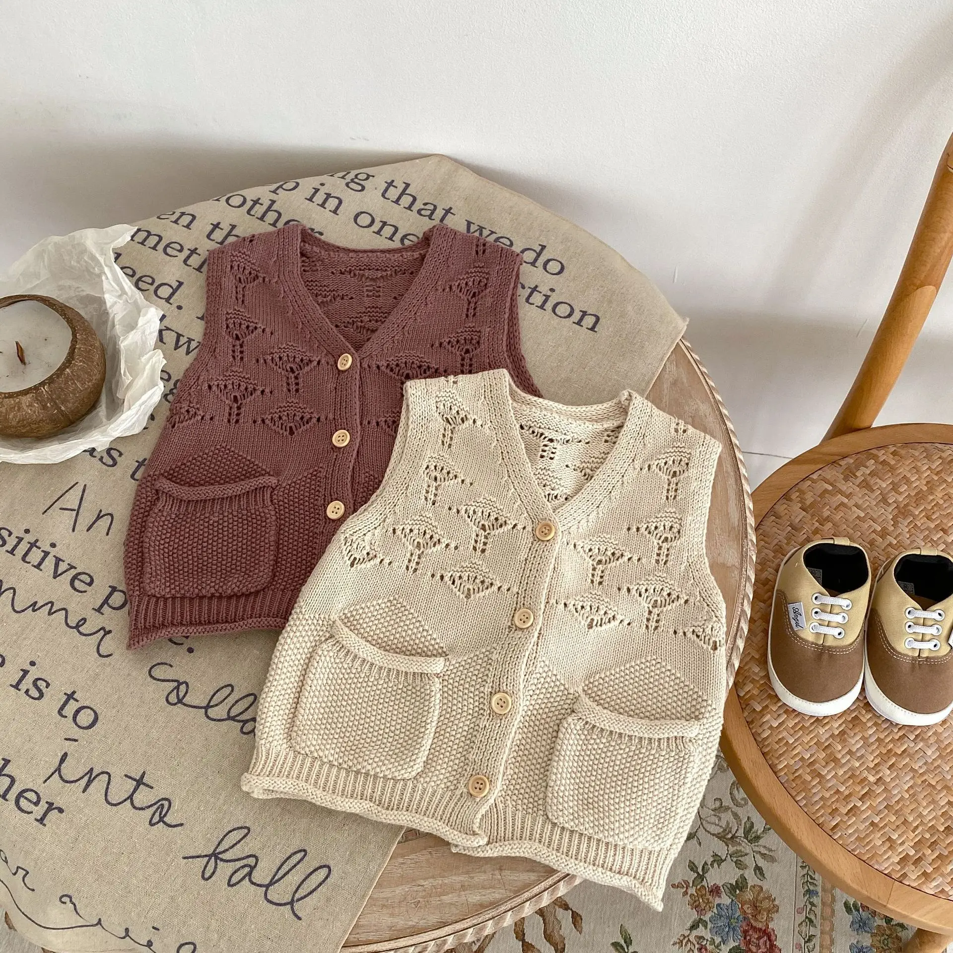 Autumn Infant Baby Boys Girls Sleeveless Hollow V-Neck Solid Color Pocket Coat Baby Knitted Cardigan Vest