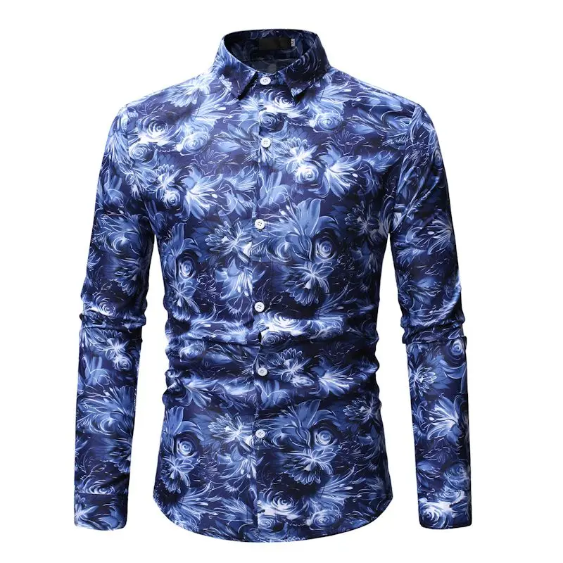 Men Hawaiian Shirt Long Sleeve Floral Print Mens Dress Formal Shirts  Men Casual Slim Fit Tops Shirt M-3L