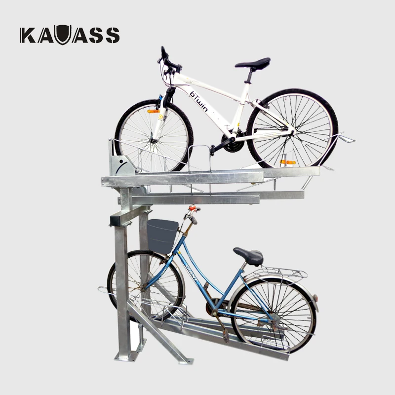 Outdoor gas pneumatic assisted hot dip galvanized double decker stack 2 two tier bicycle parking storage facilities rack