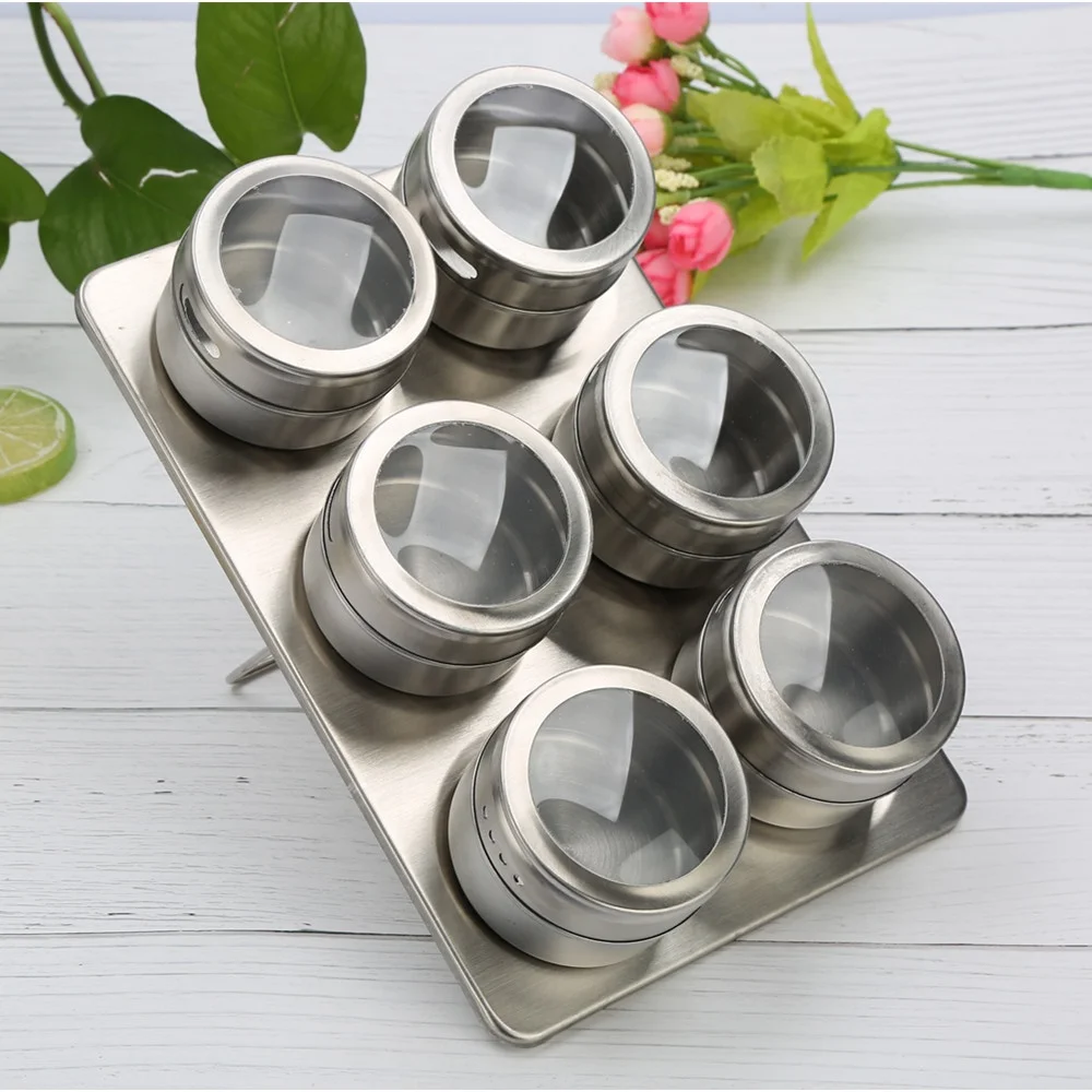 6pcs/set Magnetic Spice Jars With Wall Mounted Seasoning Box Magnetic Dustproof Visible Stainless Steel Spice Organizer Rack