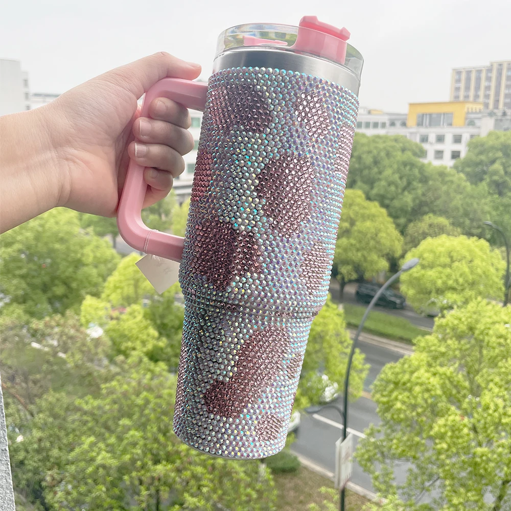 Fast Delivery Cow Print Rhinestone Diamond 40oz Tumbler Super Sparkly Double Wall Vacuum Insulated Stainless Steel Mug Cups