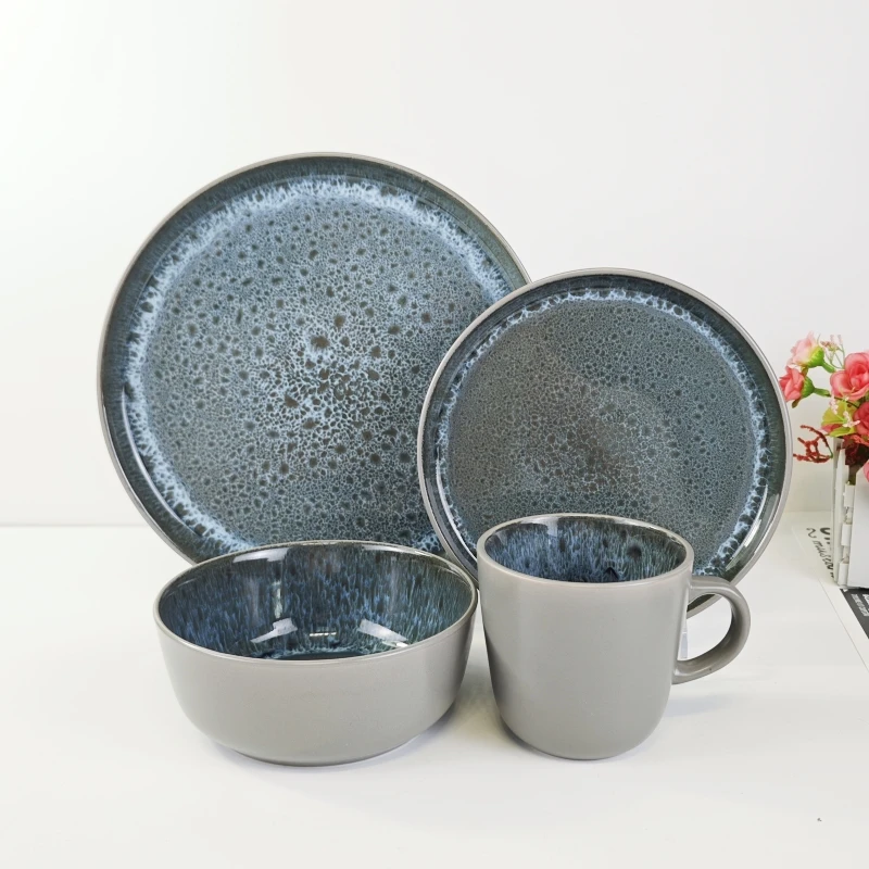 Hot sale luxury 16 piece reactive glaze stoneware dinnerware set with plate mug and bowl