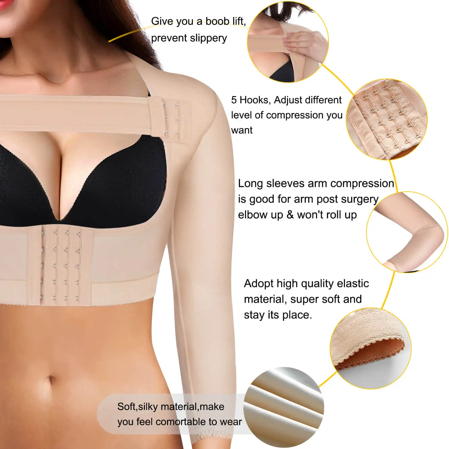 Tight elastic cool long sleeves Adjustable detachable buckles U-shaped chest support design upper arm body shaper