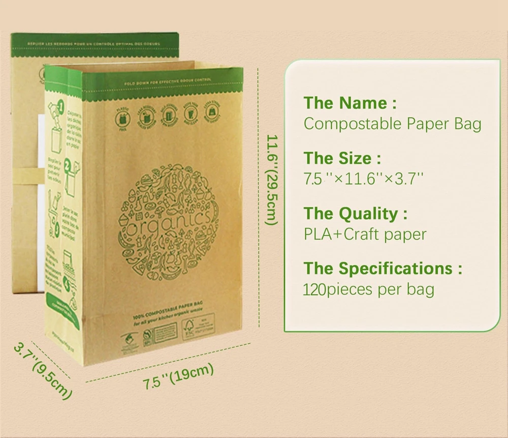 Custom Printed Compostable Food Waste Packaging Biodegradable Disposable Brown Kraft Paper Garbage Bag Without Handles