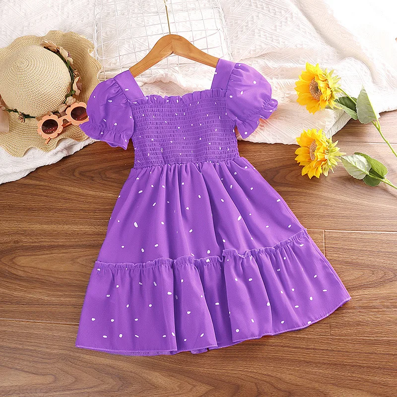 Kids Girls Dark Green Cute Princess Dress 2-6 Years short Sleeve Dress Square Collar Puff sleeve Layered  Casual Dresses-